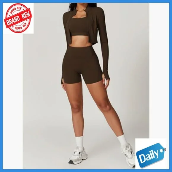Seamless 3-Piece Workout Set High Waisted Shorts Crop Top Jacket - Picture 3 of 6